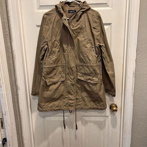 Rue 21 Jacket Juniors XL Khaki Brown With Hood Cotton Long Sleeve Pockets - Picture 1 of 12